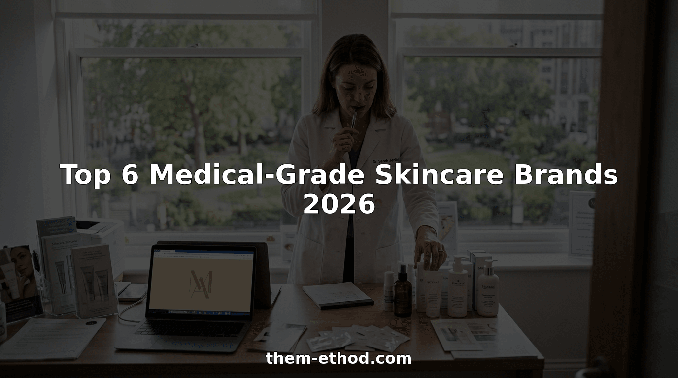 Dermatologist arranging medical skincare bottles in clinic