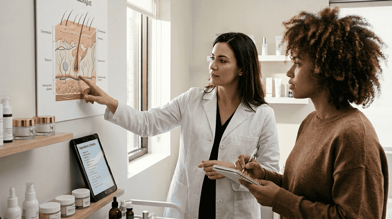 Dermatologist explaining skincare science to client