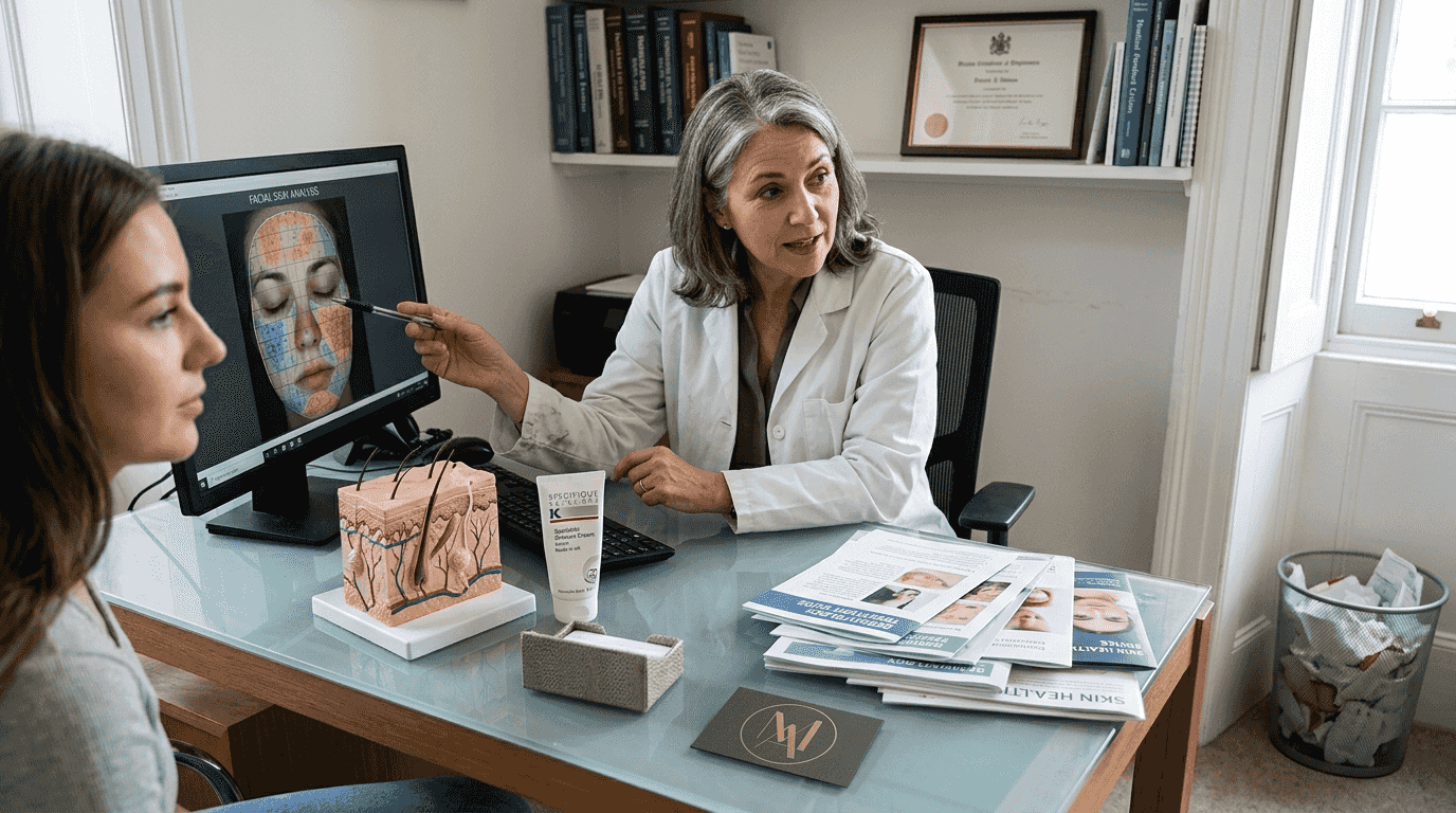 Dermatologist explaining skincare plan to patient