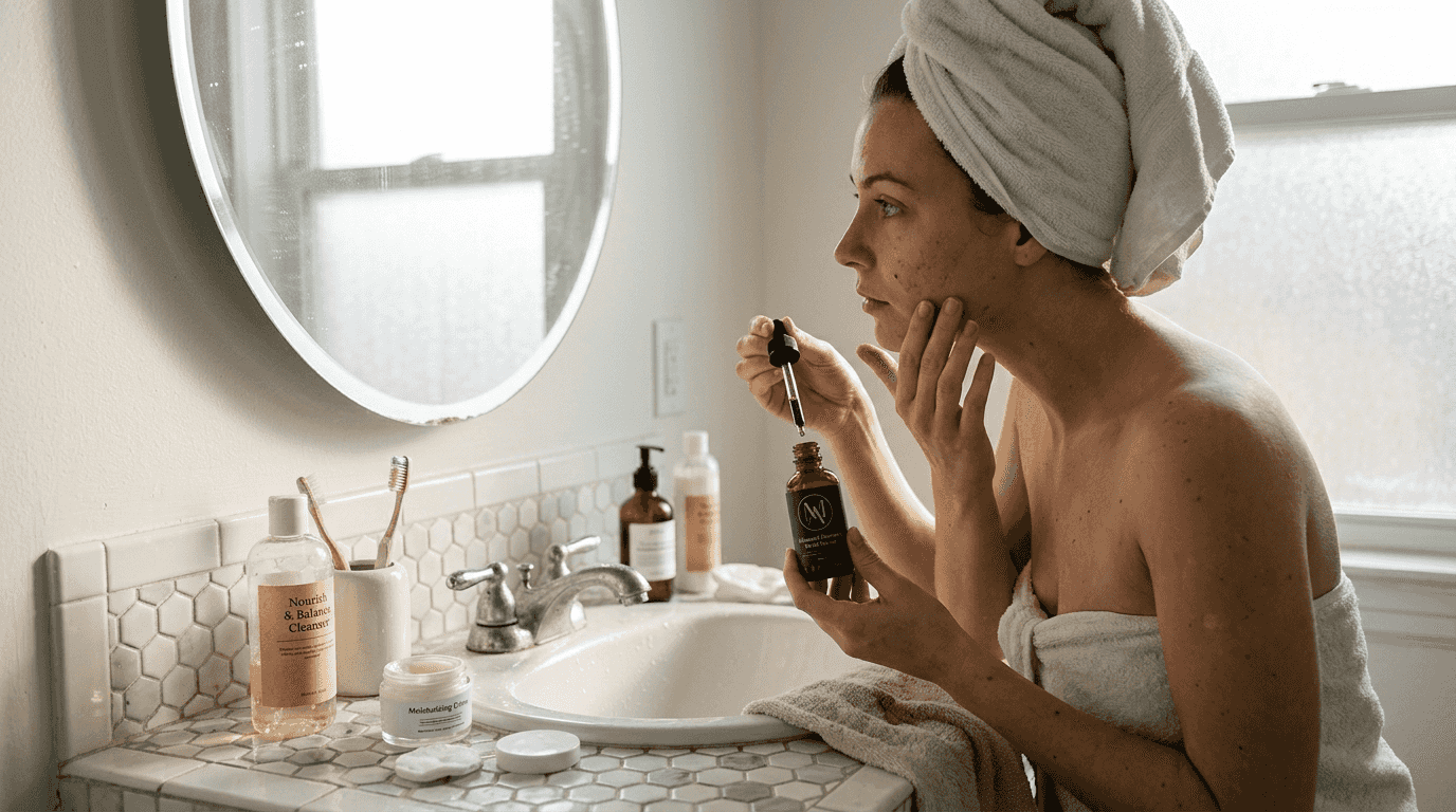 Woman applying serum during multi-step skincare