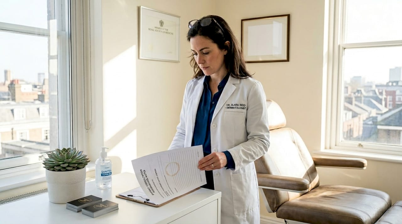 Dermatologist reviewing skincare routine chart