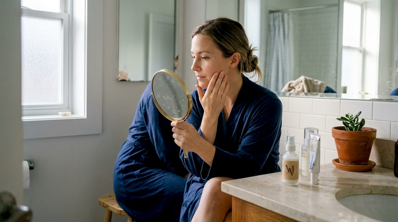 Woman checking skin at vanity in morning