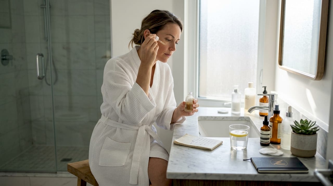 Woman applying serum reading skincare checklist