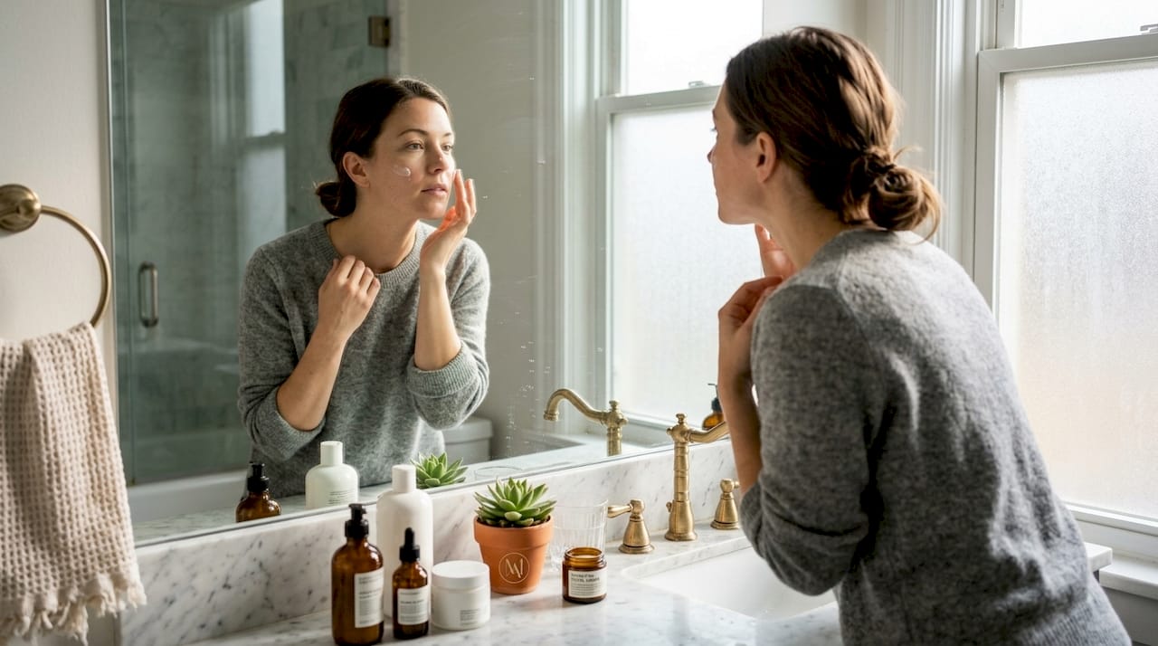 Woman applying moisturizer at bathroom counter