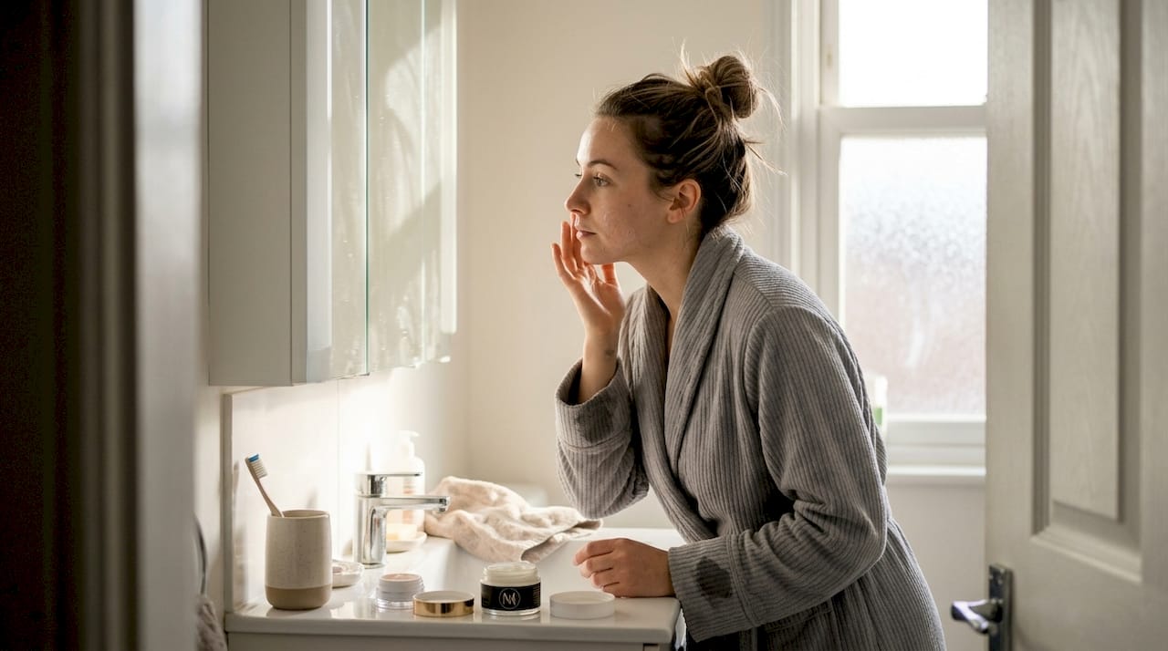 Woman applies moisturizer at bathroom vanity