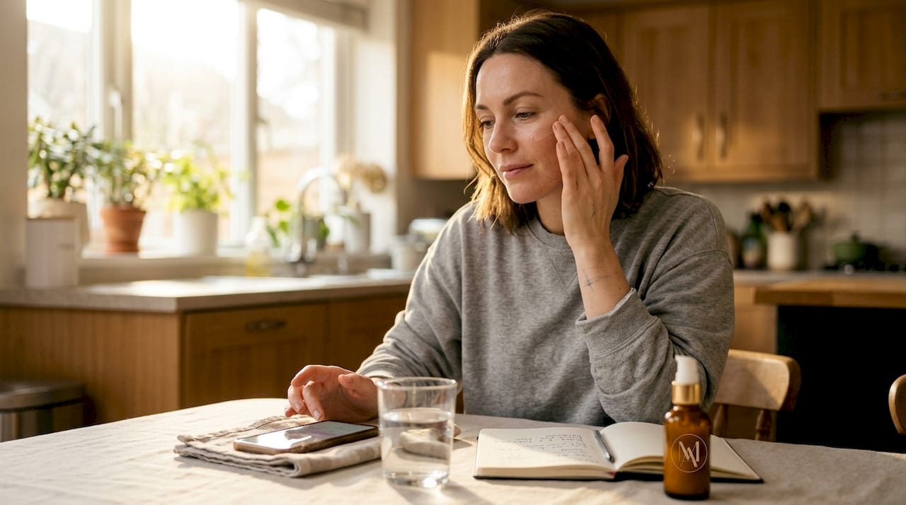 Woman using skincare in bright kitchen