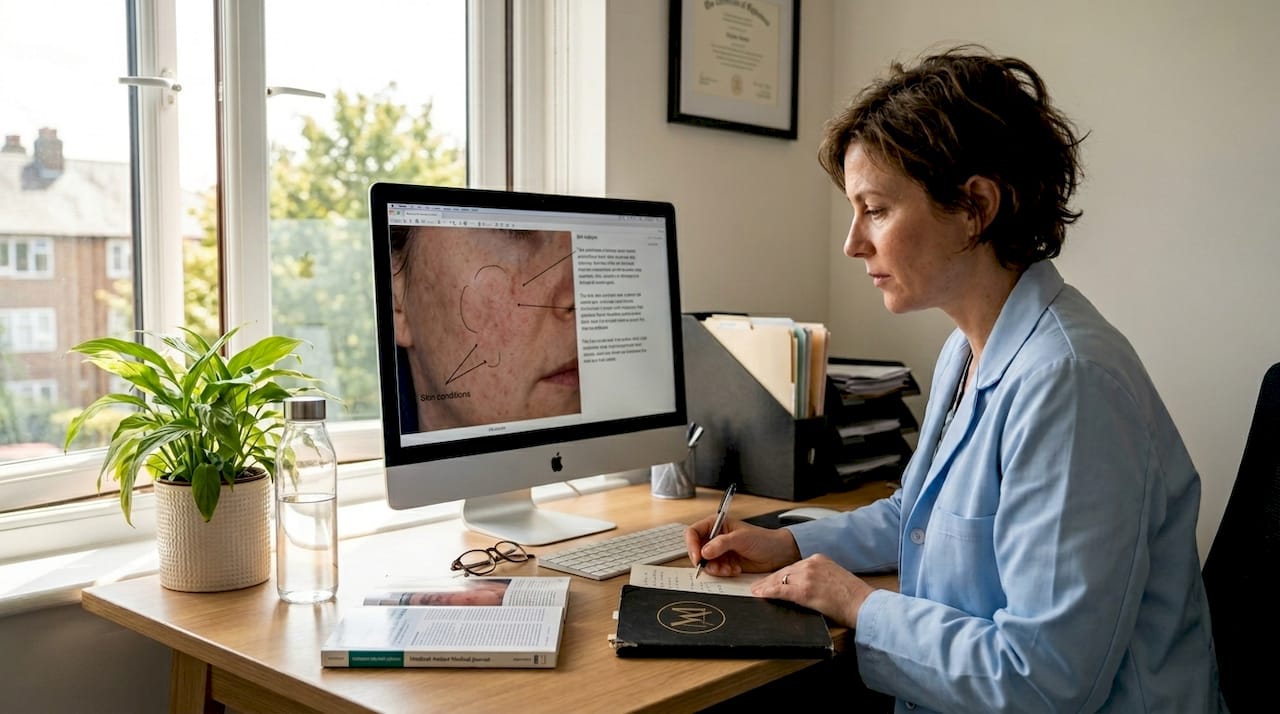 Dermatologist reviewing skin analysis at clinic desk