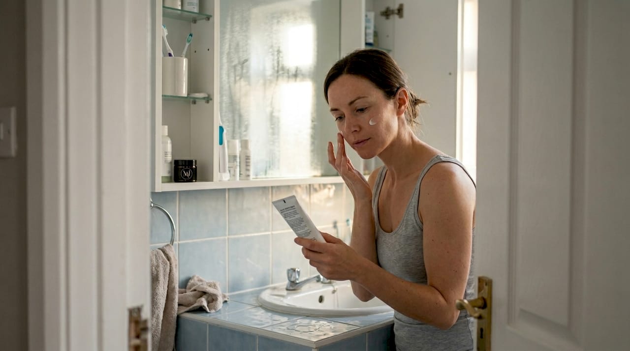 Woman applying skincare cream in home bathroom