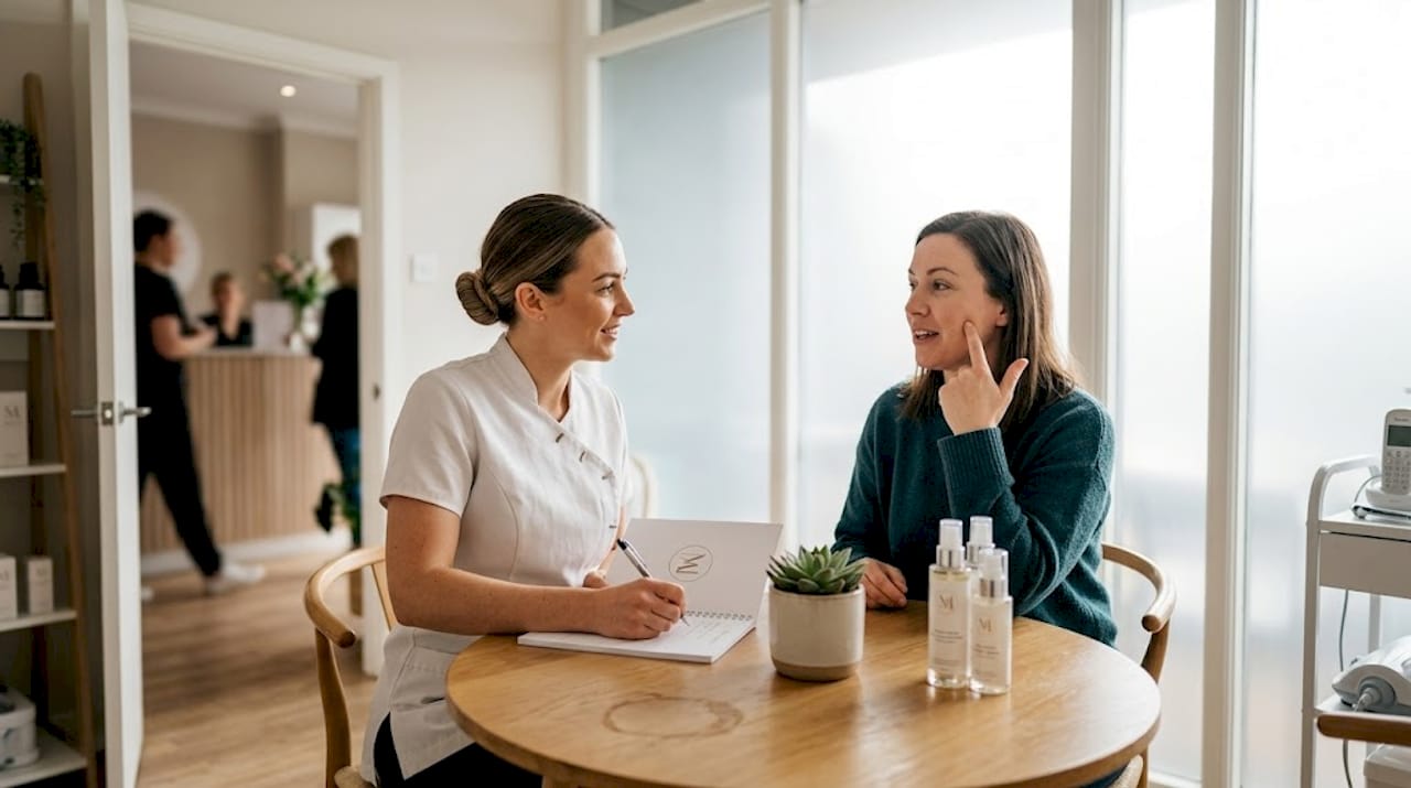 Skin therapist consults client in clinic