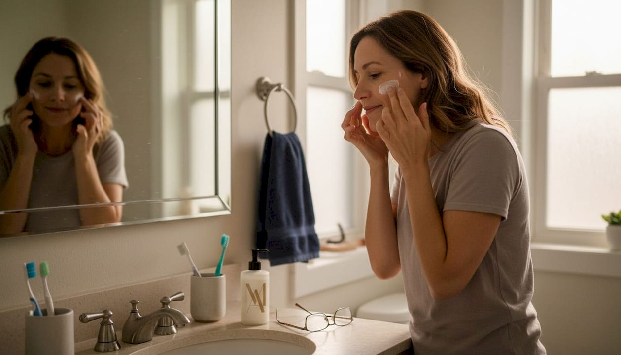 Middle-aged woman applying skincare in bathroom