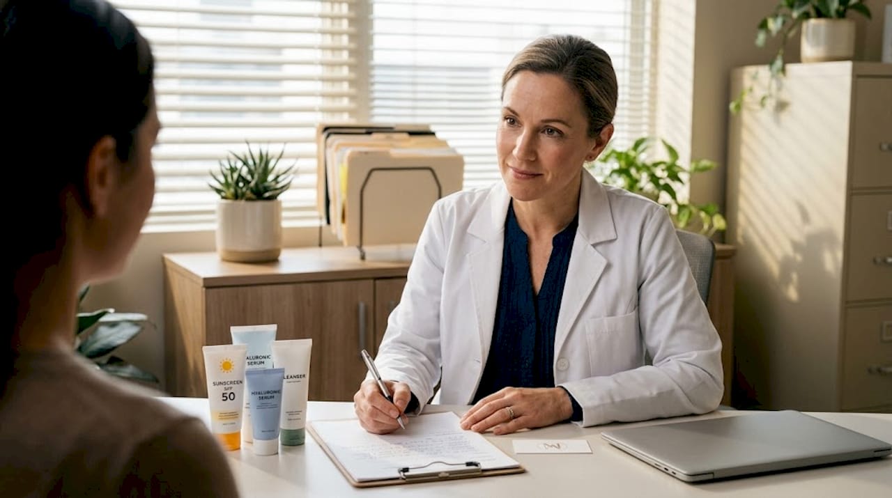 Dermatologist consulting with patient in clinic office