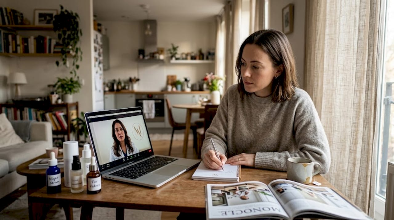 Woman consulting dermatologist about skincare at home