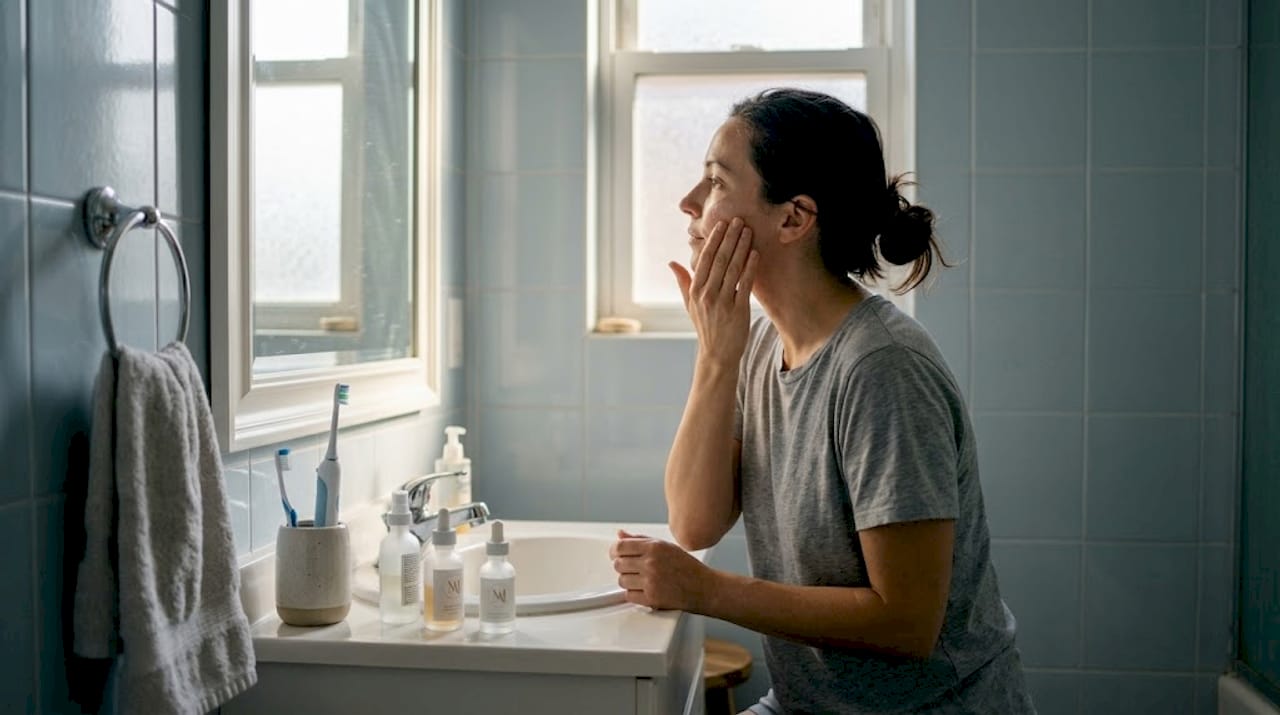 Woman applying serum in sunlit bathroom