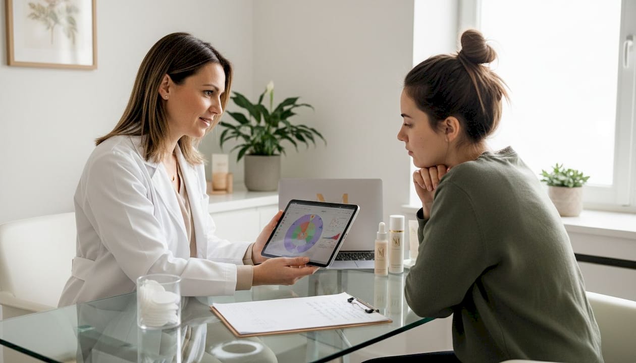 Dermatologist consulting advanced skincare client