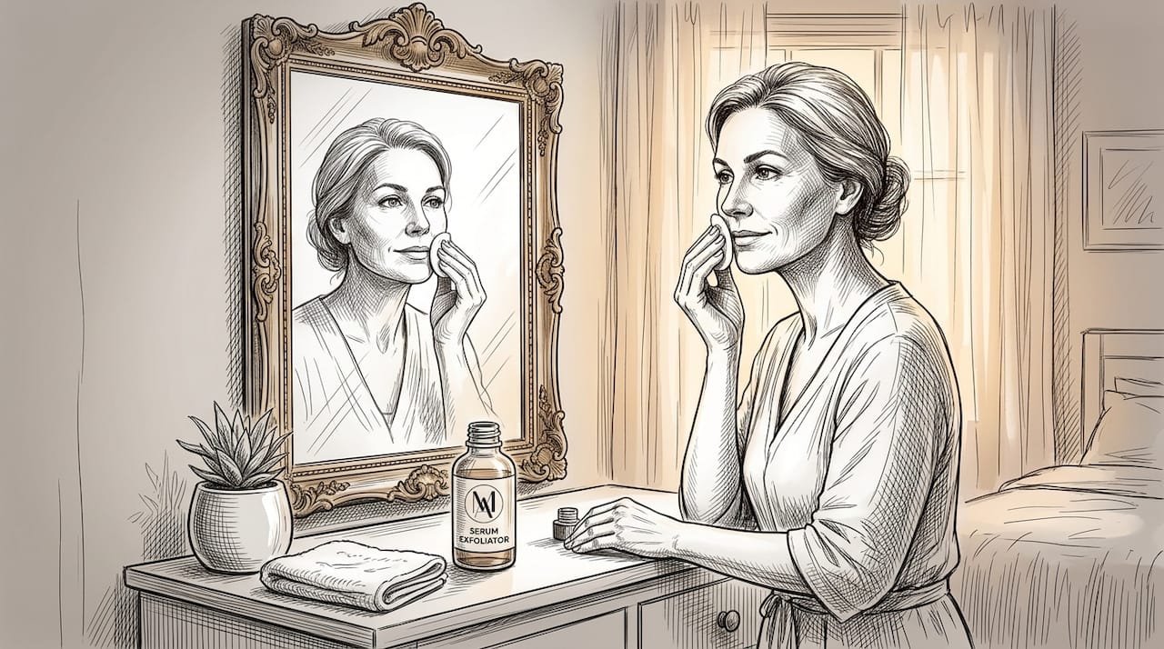 Woman applying exfoliant in family bathroom