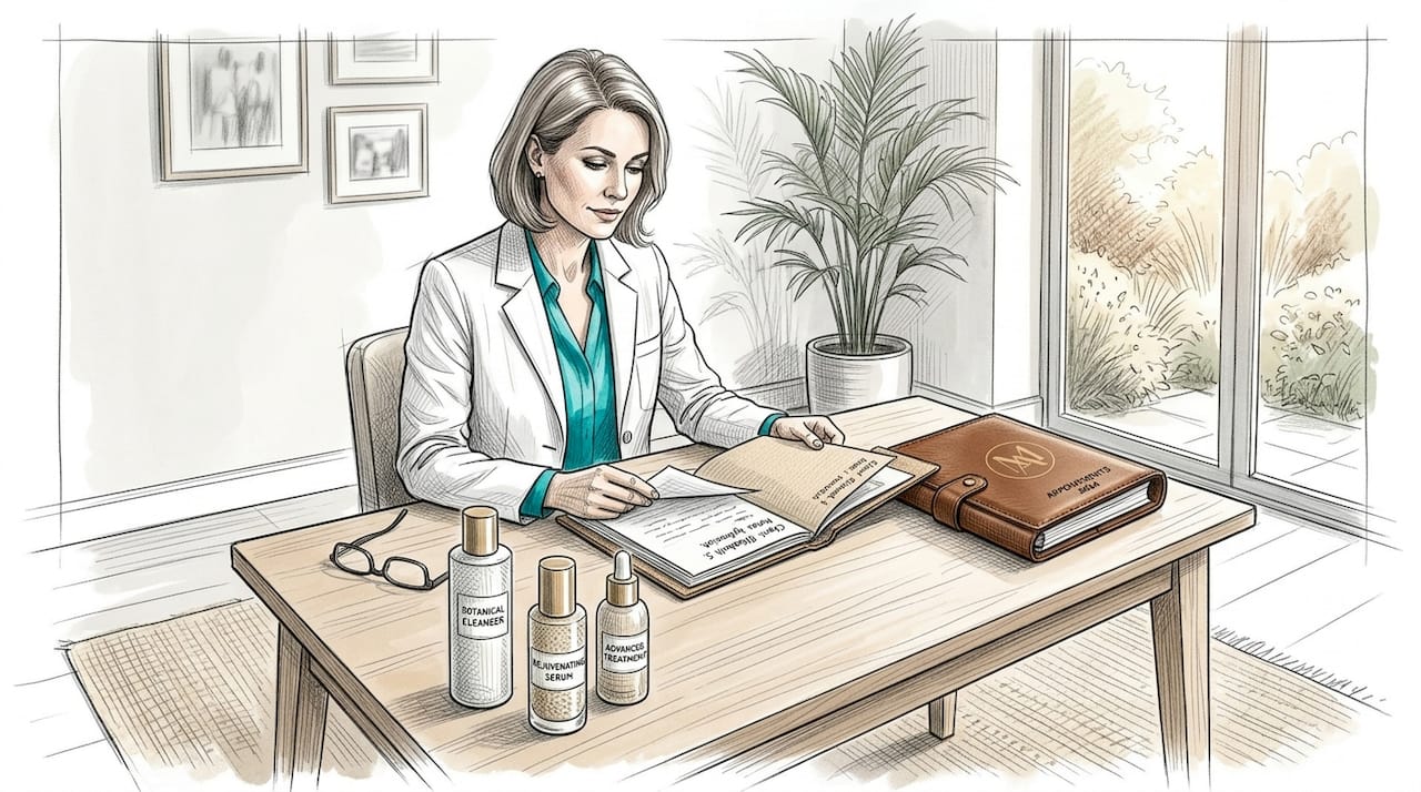 Skincare consultant comparing patient files and products