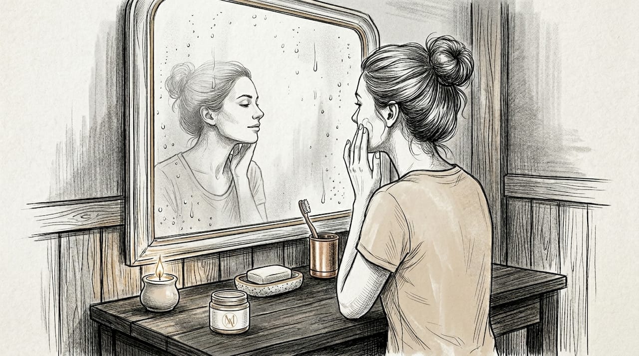 Woman applying moisturizer in sunlit bathroom