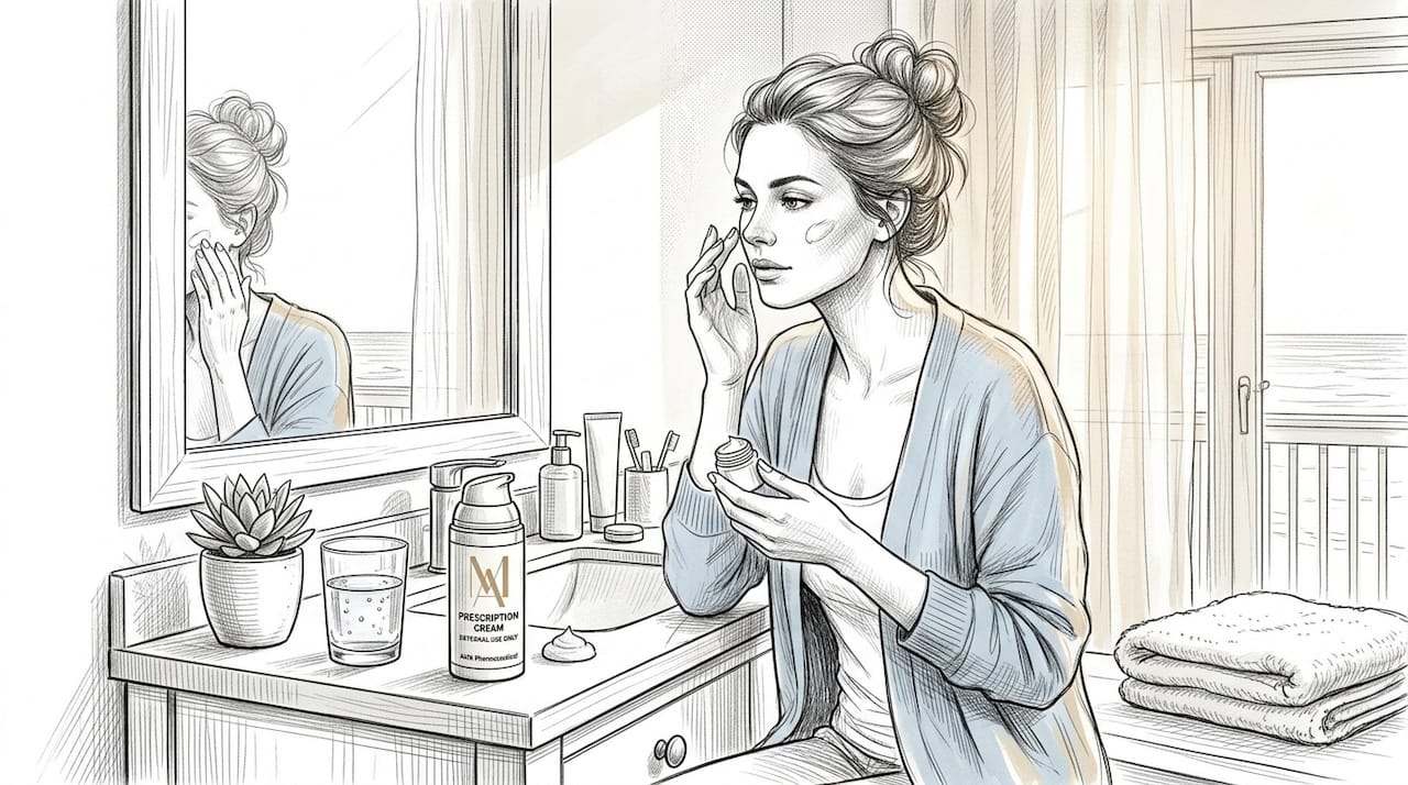 Woman applying prescription skincare at vanity