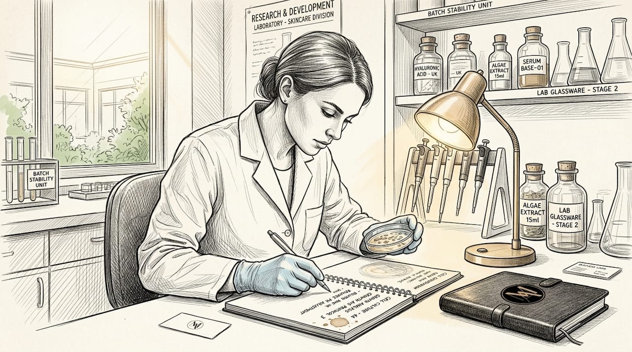 Scientist analyzing skincare growth factors in lab