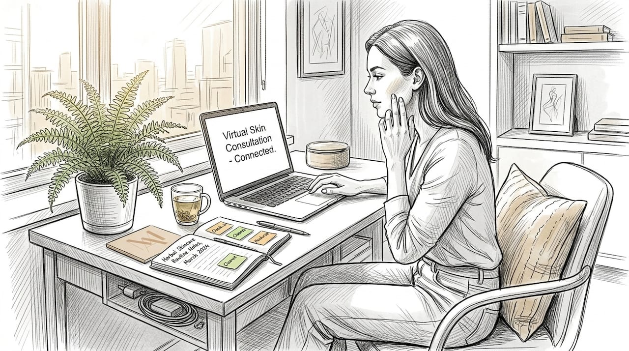Woman attending virtual skin consultation at home desk