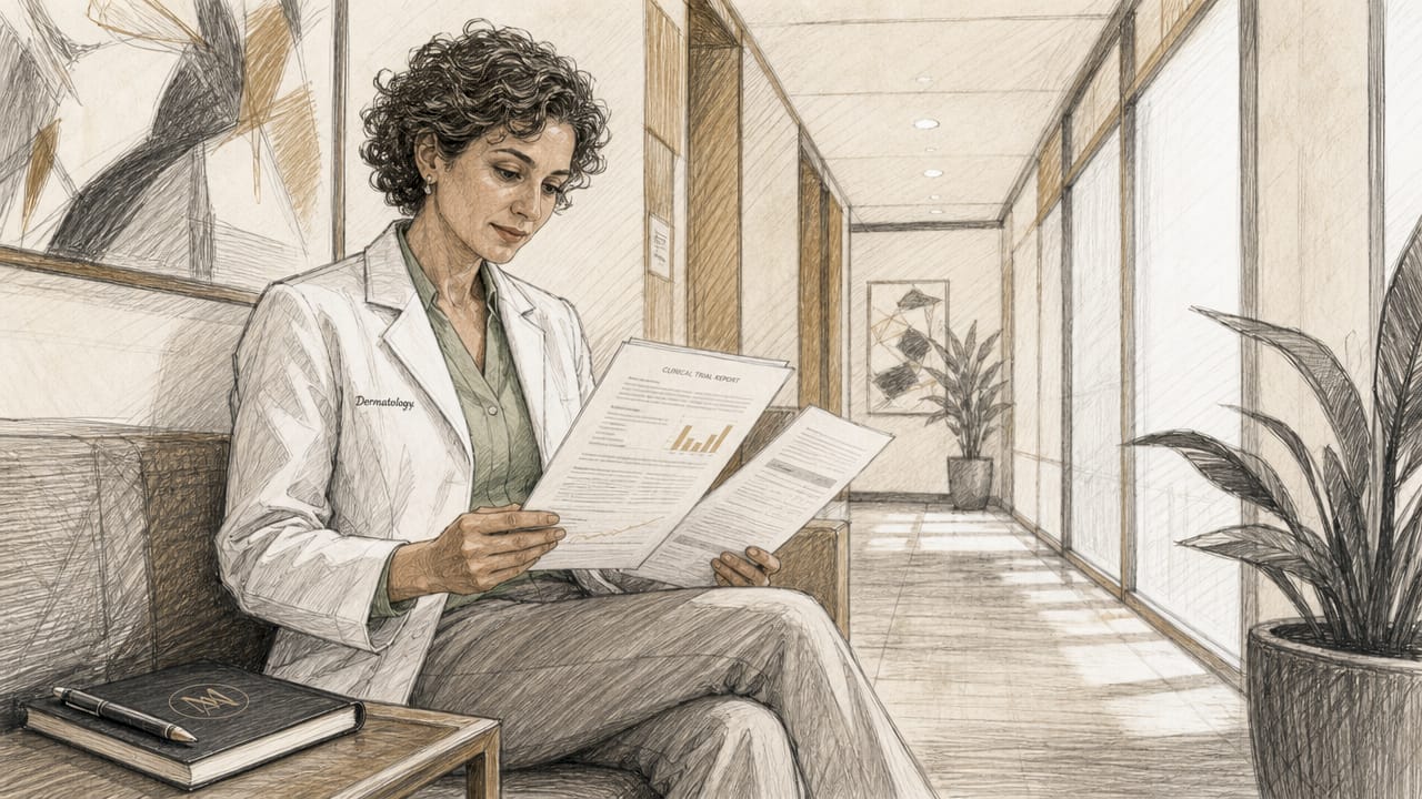 Dermatologist reviewing skincare research papers