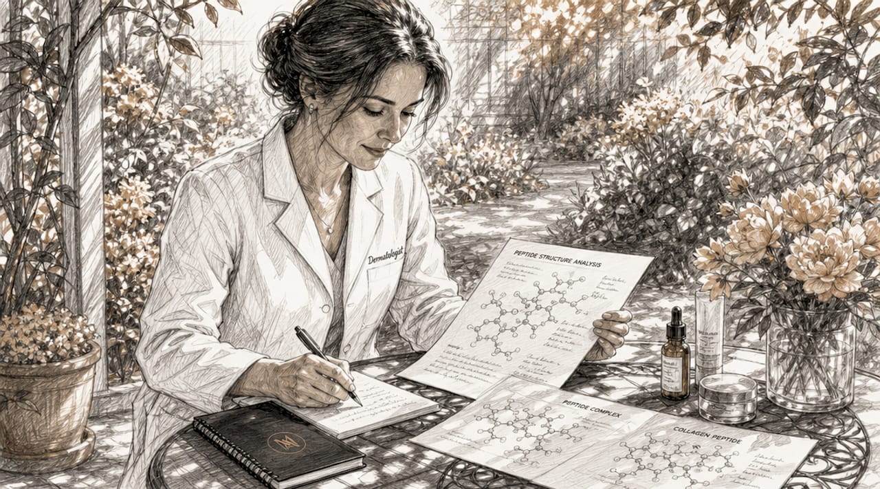 Dermatologist reviewing peptide research papers