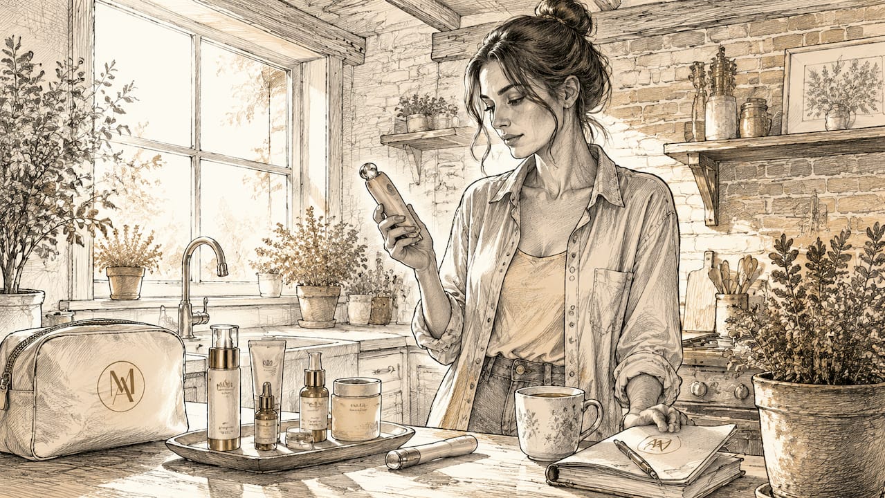 Woman examining skincare device at vanity
