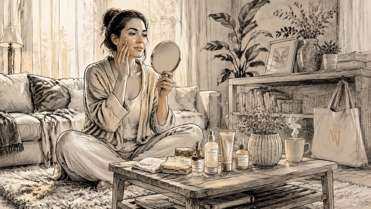 Woman applying moisturizer in bedroom