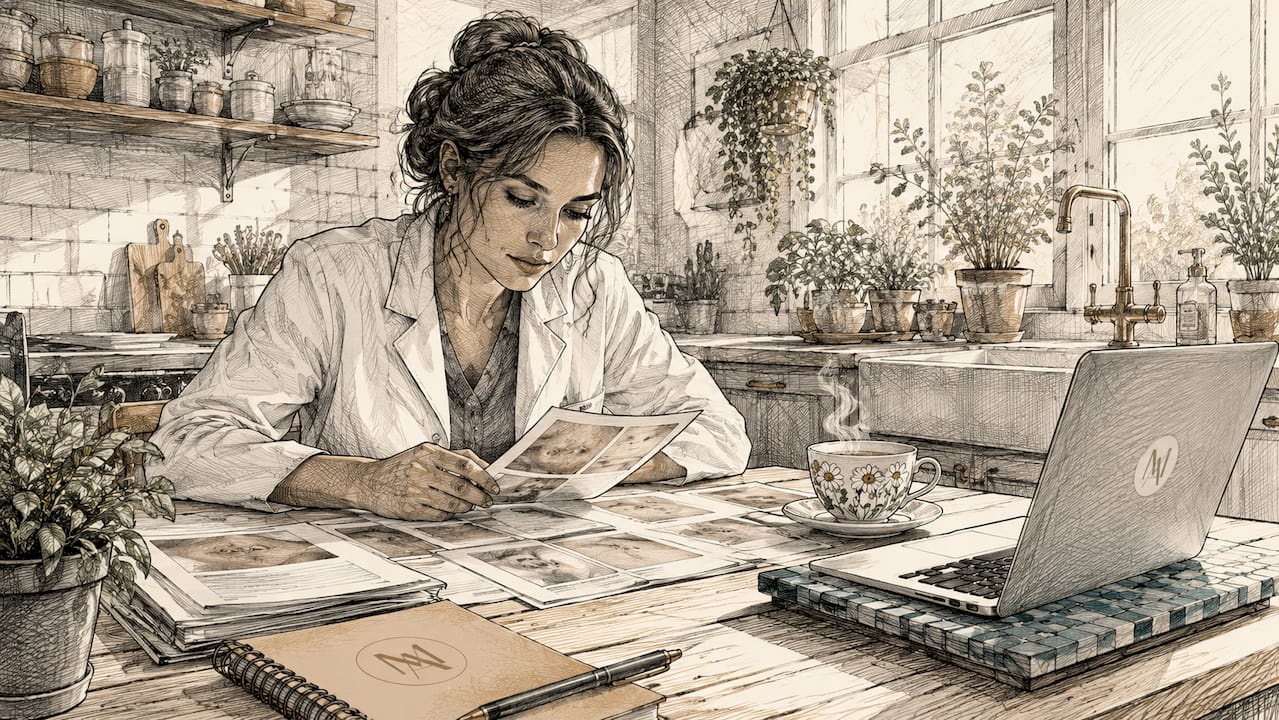 Clinician reviewing skin photos in home office
