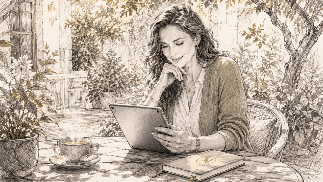 Woman browsing clinical skincare products on tablet