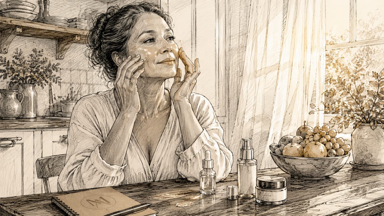 Woman applying anti-aging serum at bathroom vanity