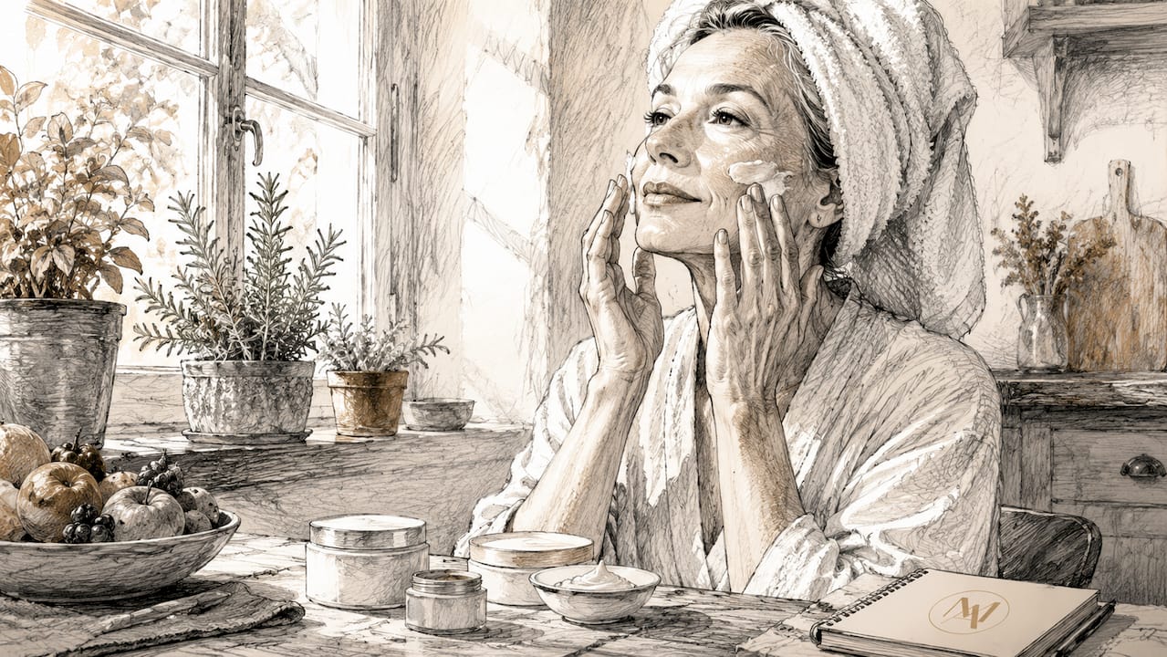 Woman applying anti-aging cream at vanity