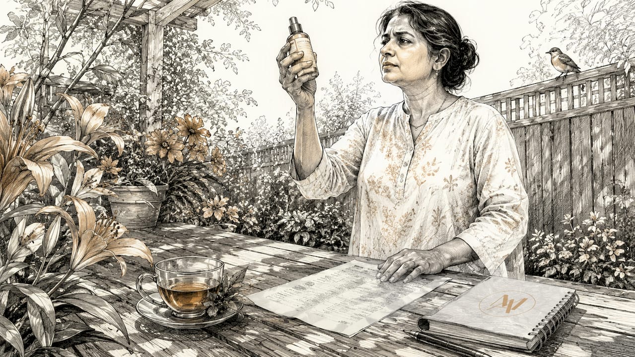 Woman examining skincare ingredients at kitchen table