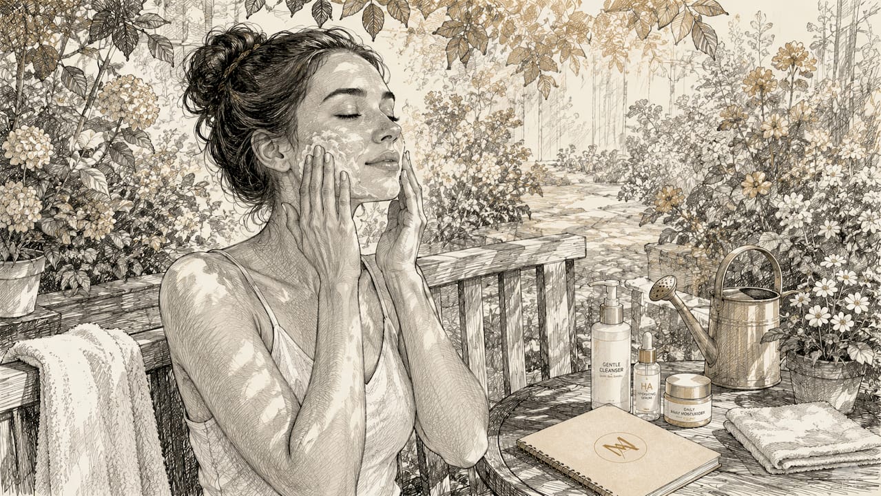 Woman applying acne cleanser at home vanity