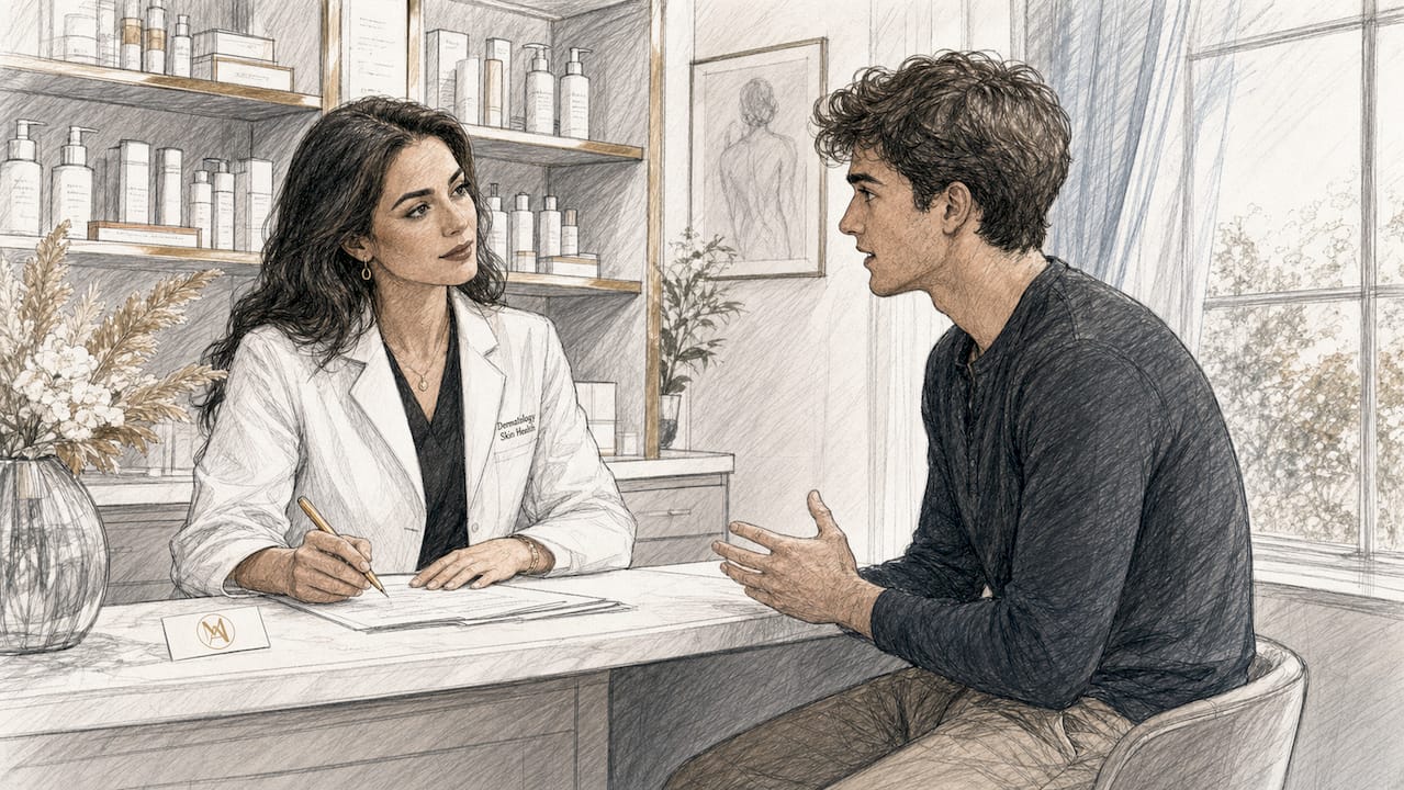 Dermatologist reviewing off-label skincare prescription with patient