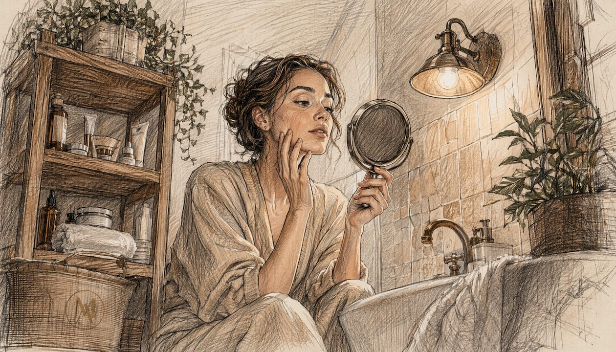 Woman examining skin in handheld mirror at home
