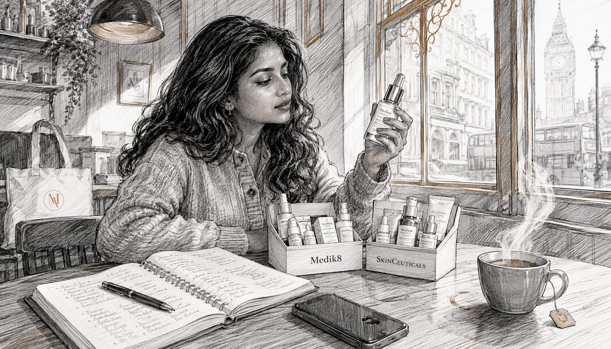Woman comparing skincare products at kitchen table