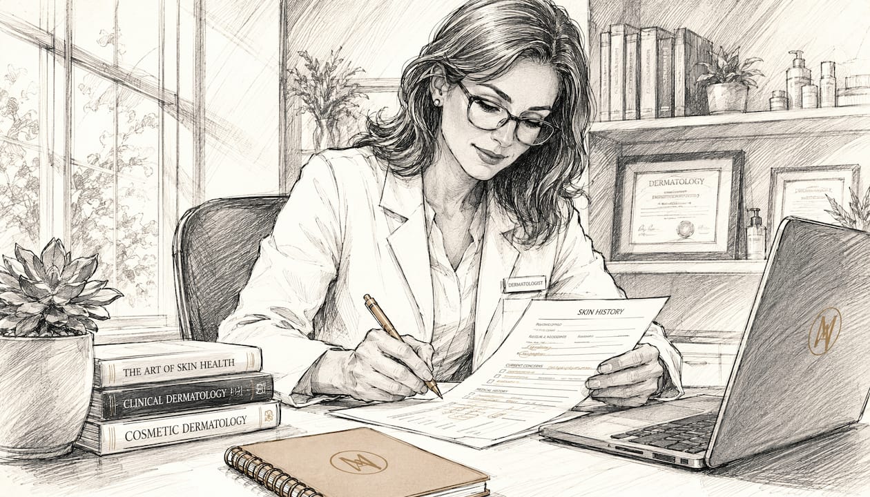 Clinician reviewing patient skin history paperwork