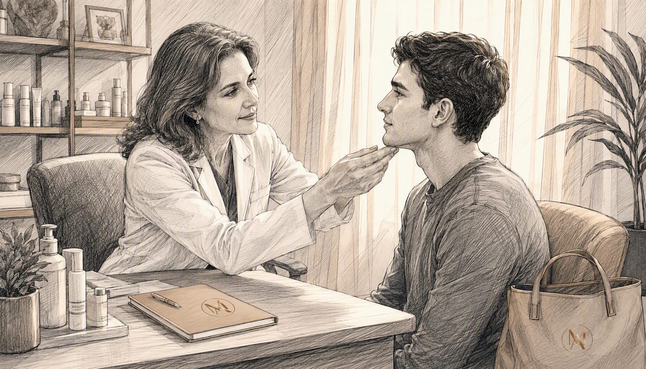 Dermatologist examining patient's skin in clinic