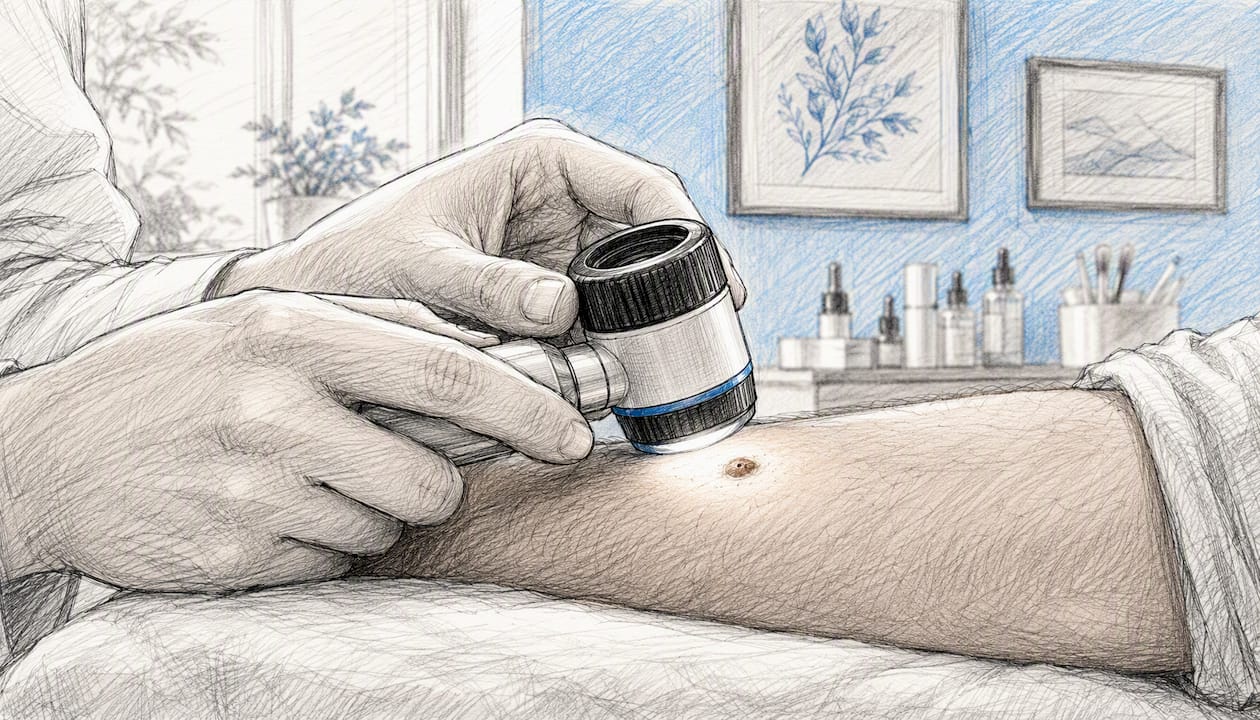 Dermatologist using dermatoscope to inspect skin lesion