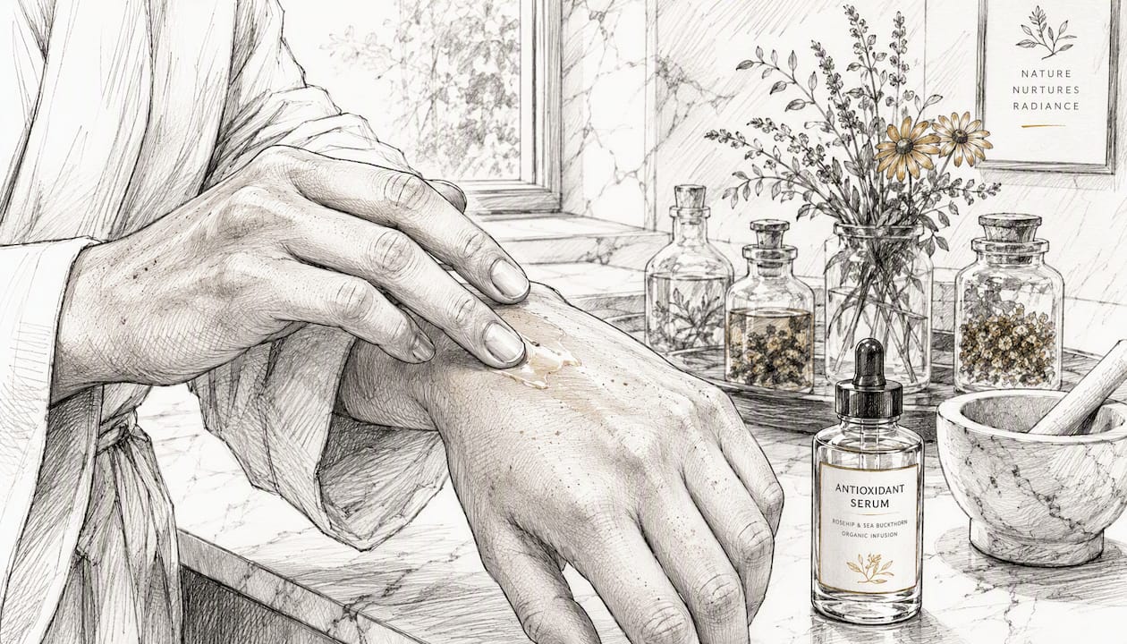 Hands applying antioxidant serum on skin