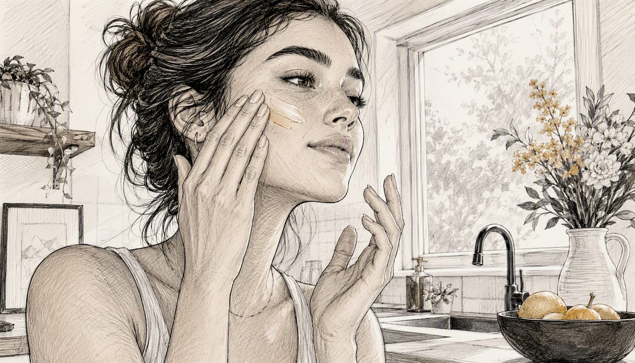 Hands applying tinted sunscreen on face