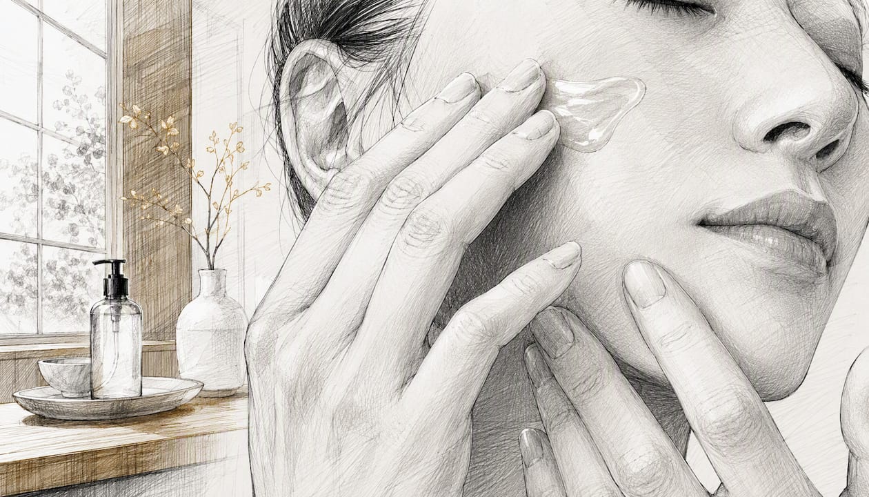 Hands applying niacinamide serum to cheek