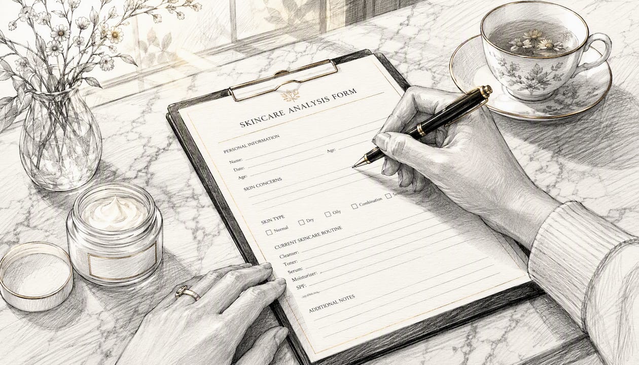Hands filling skincare consultation form