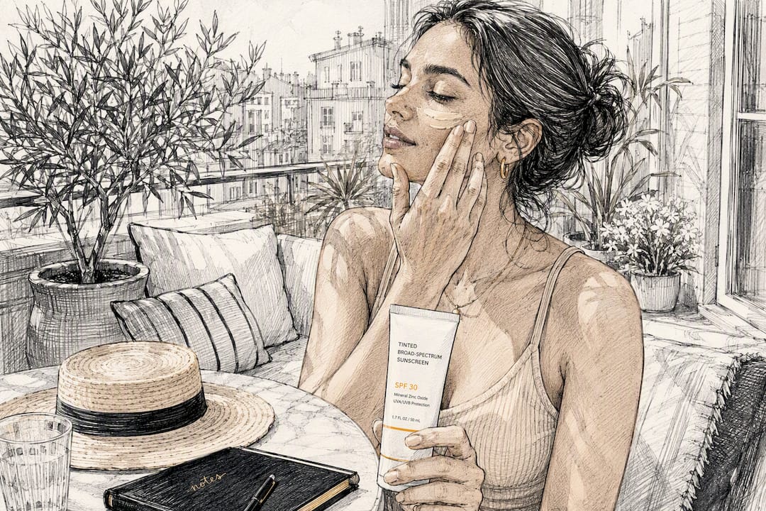 Applying tinted sunscreen on face outdoors