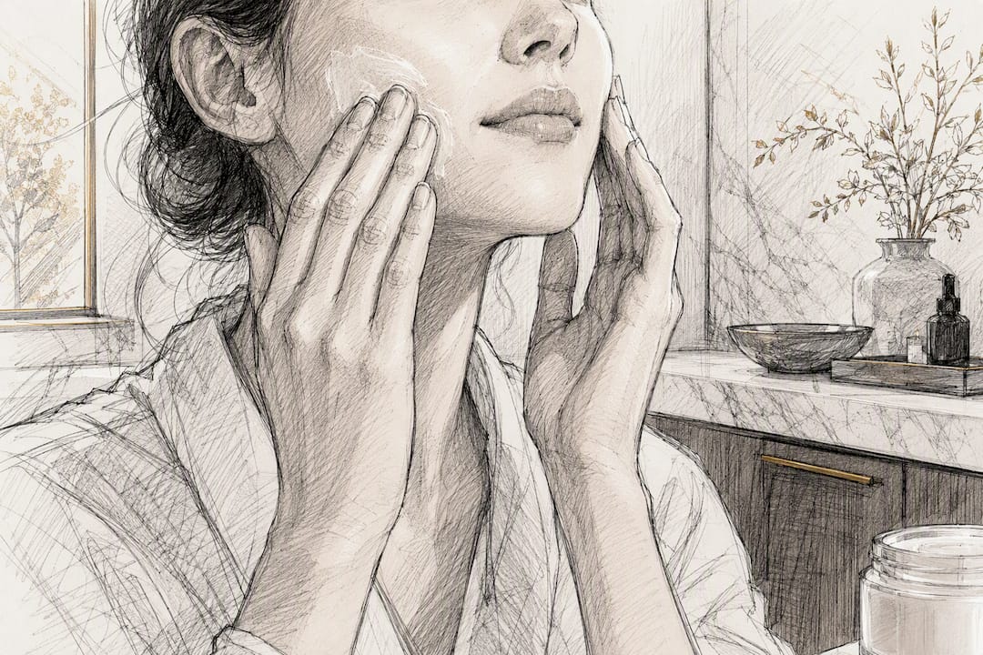 Close-up hands applying cream to cheek skin