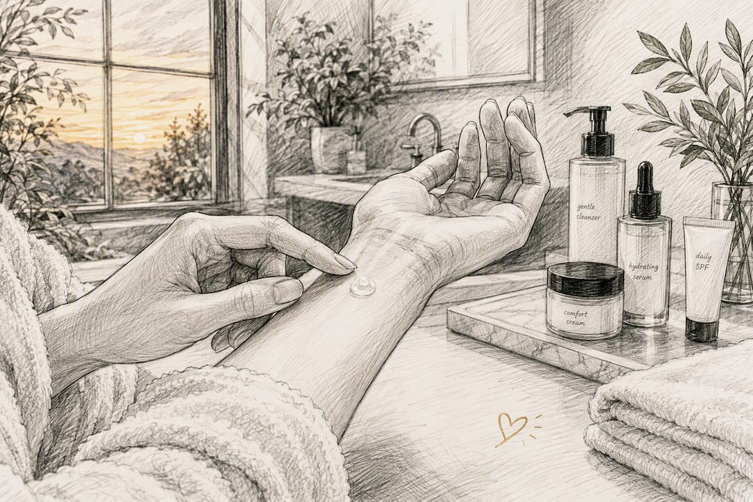 Hand applying retinoid cream in bathroom