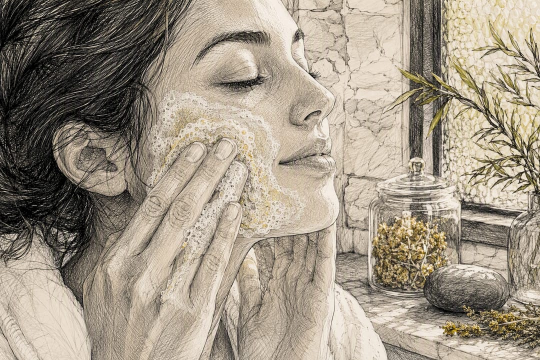 Close-up of applying sulfur face wash to skin