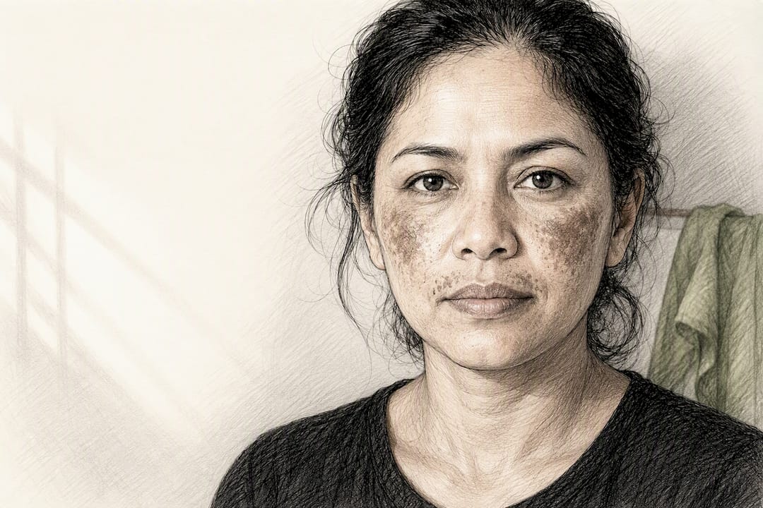 Woman with symmetric facial melasma patches