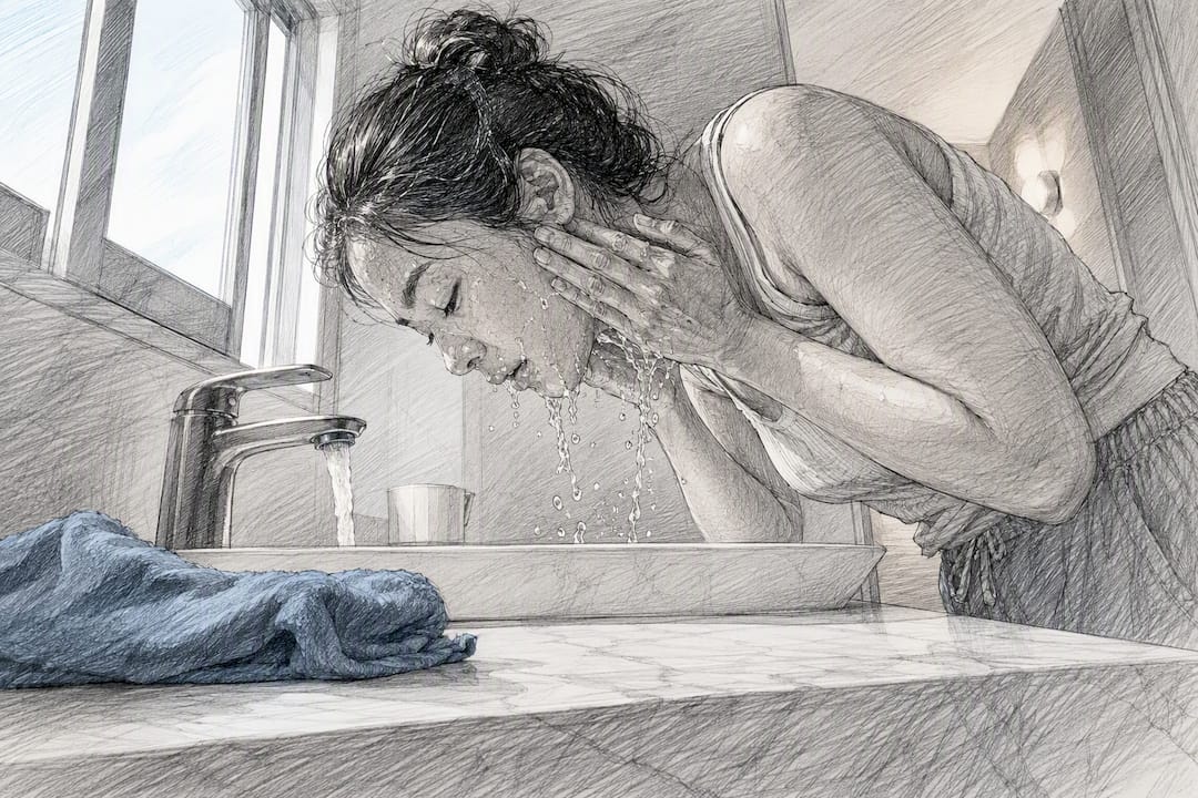 Person rinsing face after double cleansing